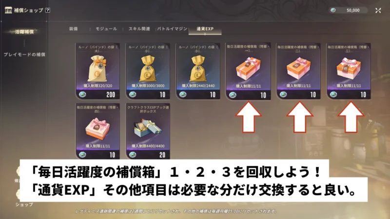 通貨EXP「毎日活躍度の補償箱」